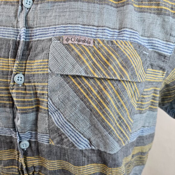 Columbia Shirt Mens Medium Grey Yellow Striped Button Up Short Sleeve Outdoors 1 - Picture 3 of 8